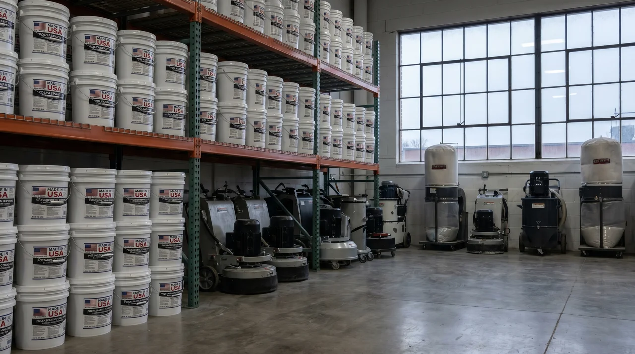 Epoxy Flooring Rochester NY installer staging area with coating pails and diamond-grinding equipment